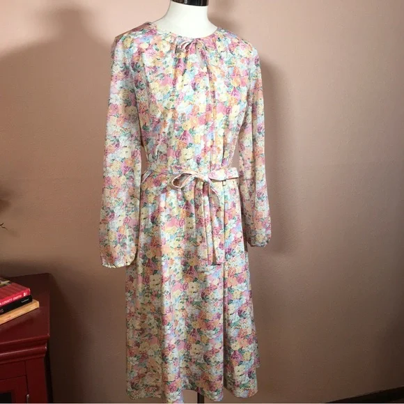 Vintage 60 70 Cottagecore Pastel Floral Peasant Midi Dress Poet sleeves - Picture 3 of 16